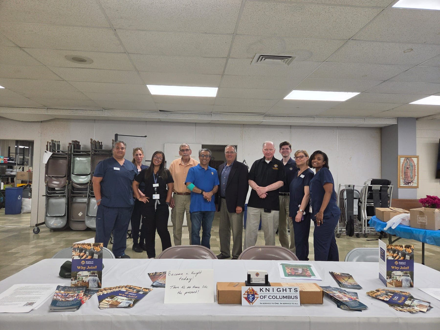Knights of Columbus Fr. Nelligan Council 5730 representatives and New York Blood Center staff gather inside Immaculate Heart of Mary Church during the August 31 blood drive in Scotch Plains.