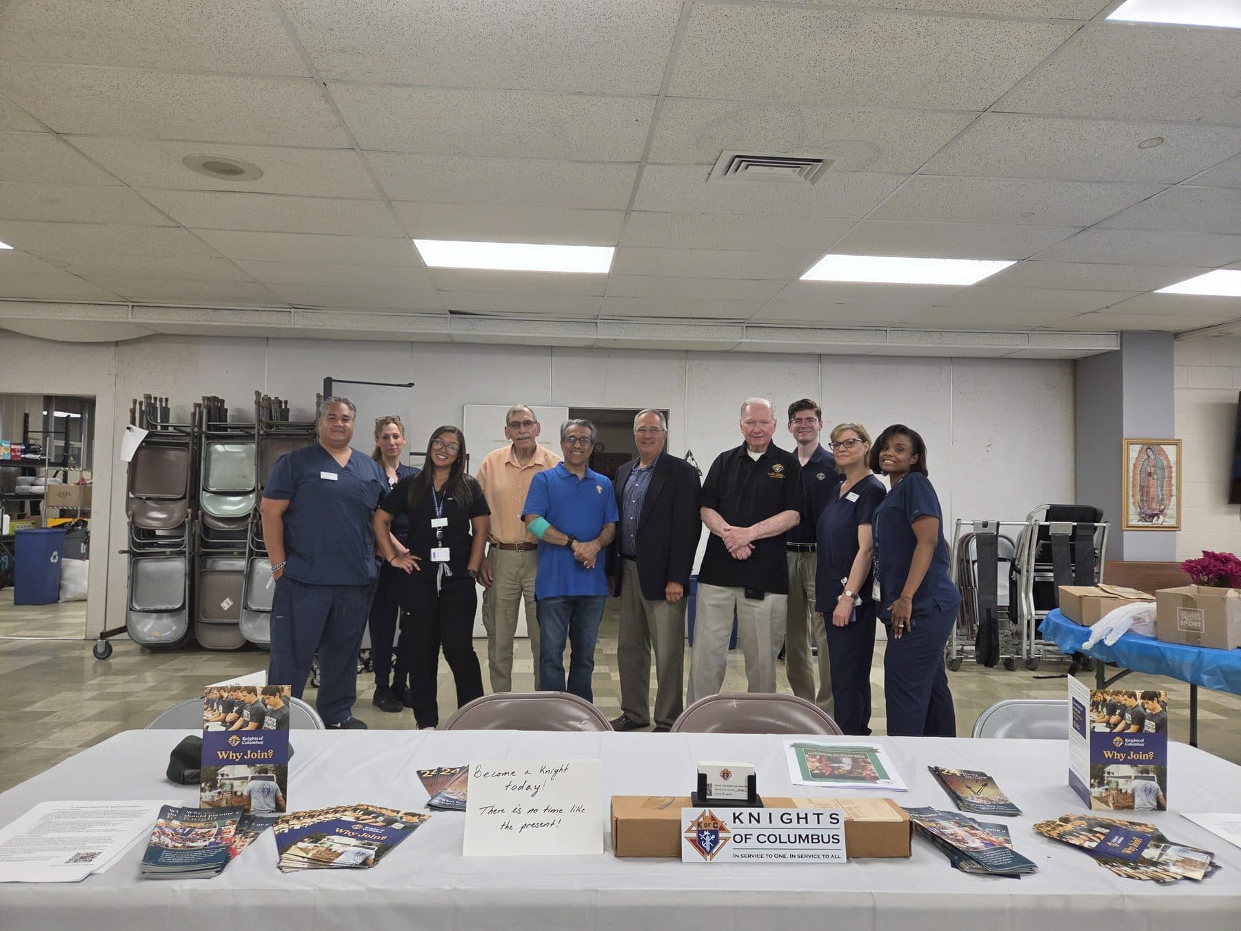 Knights of Columbus Fr. Nelligan Council 5730 representatives and New York Blood Center staff gather inside Immaculate Heart of Mary Church during the August 31 blood drive in Scotch Plains.