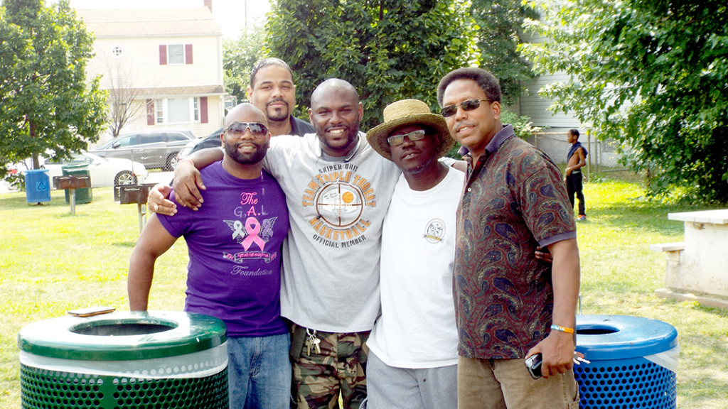 (above l-r) Community leaders came together for a free community event sponsored by Linden based T3 Foundation. Rizal Gilmore of The GAL Foundation (for Breast Cancer Research), Rev. Manuel Donelson (back) of Morningstar Church, Lance Jackson of The Team Triple Threat Foundation (for youth advocacy), Ronald Alston of My Father Knows Best Organization (from Irvington, NJ) and MayorDerek Armstead.