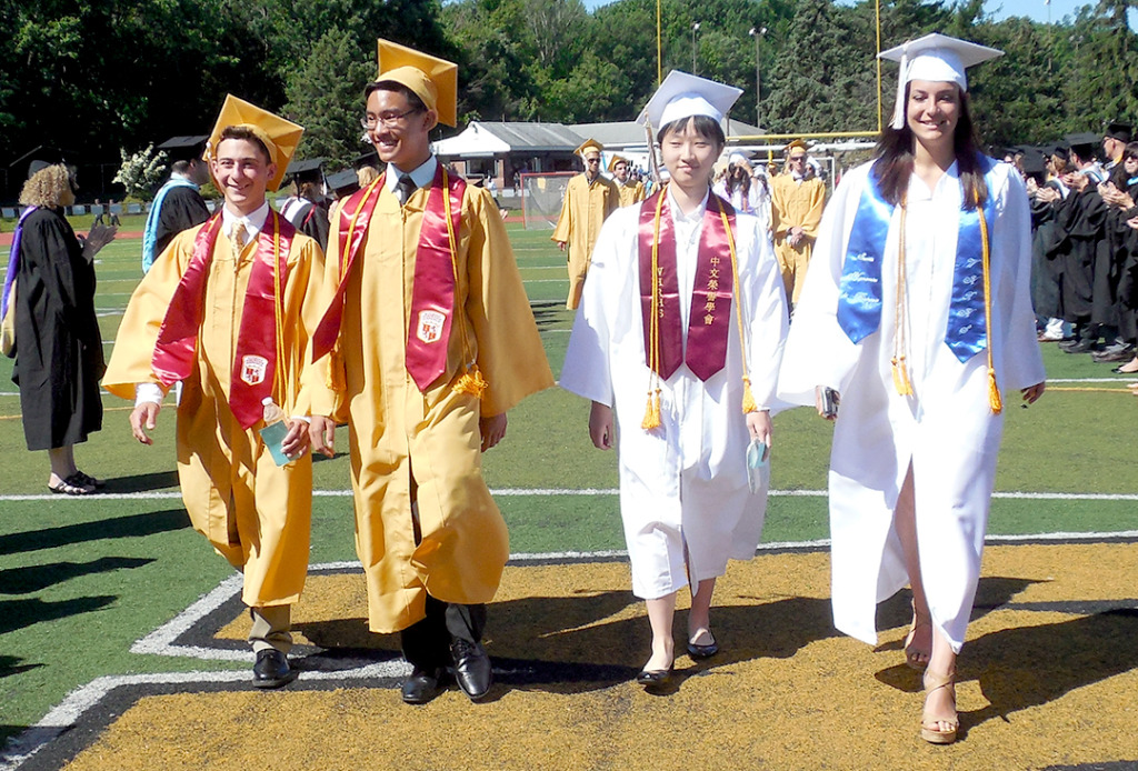 Student speakers at the Watchung Hills Regional High School graduation on Wednesday, June 24, are, from left: Jeff Pecoraro, President of the All Student Council; Joseph Da, who gave the Salutatory address; Christiana Liao, who gave the Valedictory  address; and Katherine Schechter, president of the Class of 2015.
