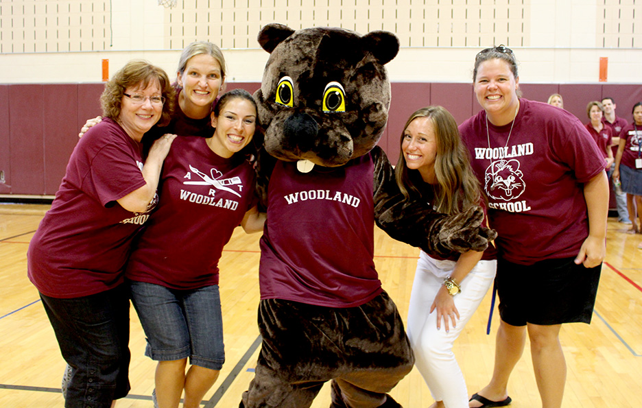 (above l-r): Woody Woodchuck with Woodland School teachers Colleen Krumm, Amanda McGrath, Jennifer Ronkiewicz, Woody Woodchuck, Tiffany Serafin, Nicole Panos