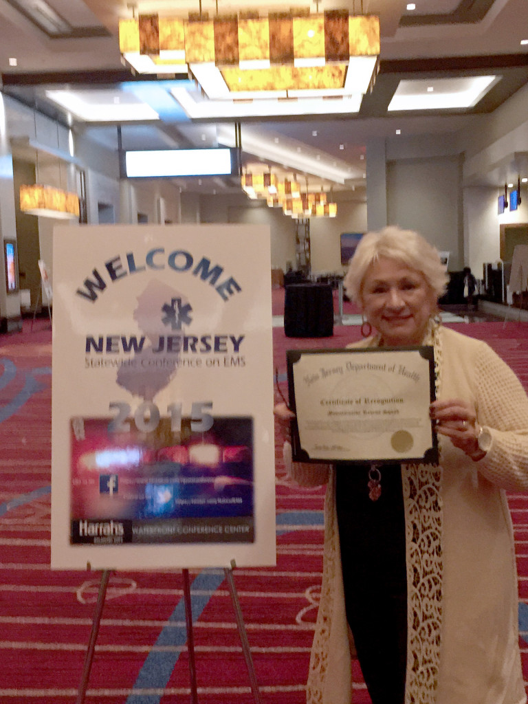 (above) Congratulations to Mountainside Volunteer Rescue Squad for being nominated for Outstanding Volunteer EMS Agency in NJ. Also, congrats to Ryan Bonk, nominated for Outstanding EMT at the 2015 EMS Awards Program in Atlantic City in mid November. Ann Marie Pires, President stands next to sign in Harrah's while holding up their certificate of recognition. Getting nominated is just as important as winning.