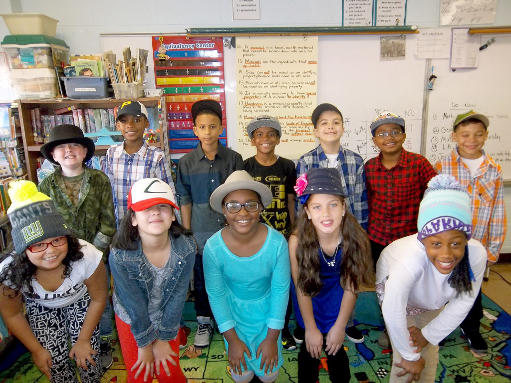 (above) Enthusiastic students in Mrs. Prakapas's fourth grade class donned their favorite hats during Respect Week to pledge to stay drug free. (back l-r) Ronald Jones, Rashad Jones, Anthony Wysocki, Malcolm Jackson, Alex Deffer, Ethan Hodge, Manny Martinez. (front, l-r) Natalia Velez, Sophia Hidalgo, Jewel Hicks, Giselle DoCarmo, Jorden McKelvey.