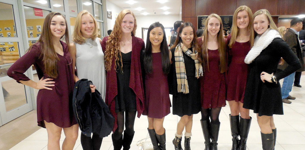 (above) Eight friends inducted into the National Honor Society gather in the school’s atrium after the ceremony. They are, from left: Jenna Charko, Lori Engler, Kayla Purcell and Teresa Nguyen, all of Warren Township; Tiffany Lin of Stirling; Lizzie Buckley of Warren Township, Sylvia Baeyens of Stirling and Natasha Hunter of Warren Township.