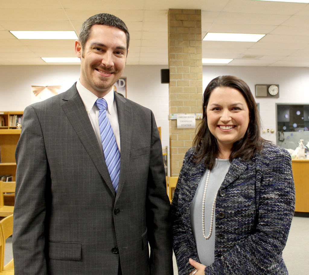 (above) Warren Township Board of Education president Tia Allocco welcomes Matthew Mingle as the district’s new superintendent. Mingle will begin his new position on July 1.