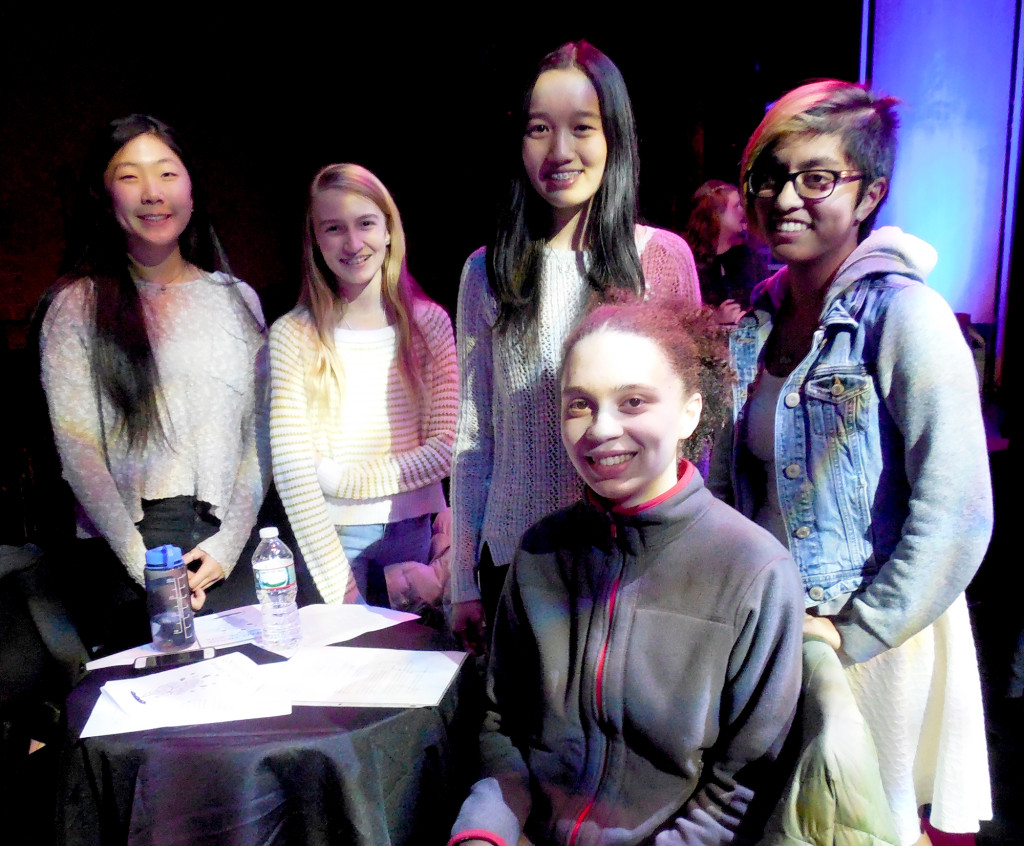 (above, l-r) Among the students who attended and/or participated in the Coffee House are Freshman Cathleen Luo of Warren Township; Freshman Megan Vetter of Warren Township; Freshman Lola Constantino of Warren Township; Freshman Caroline Xiong of Warren Township; and Sophomore Amreeta Verma of Green Brook Township.