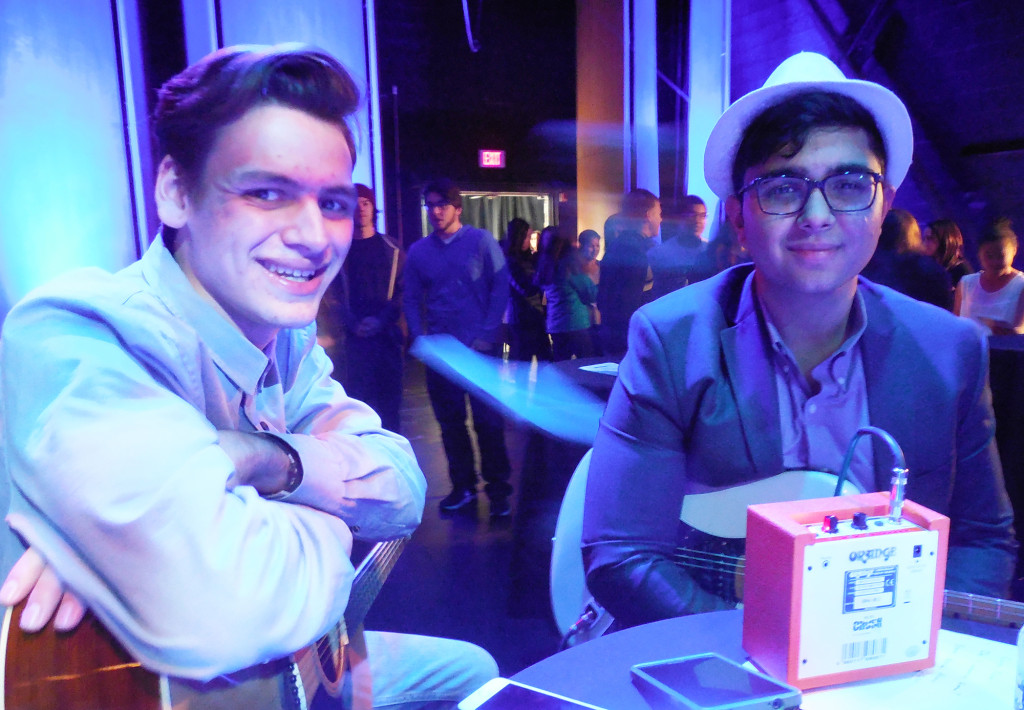 (above) Among the students who played music at the Coffee House are, Senior Owen DiDonna, left, of Millington, who sang and accompanied himself on guitar, and Junior Josh Soni of Gillette who performed a medley of songs on guitar.