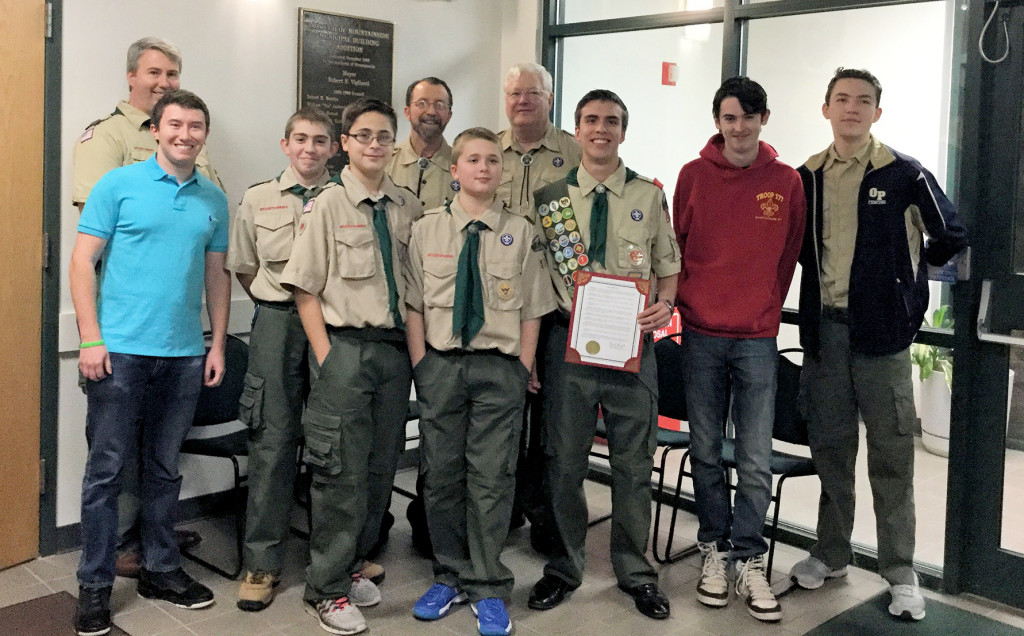 (above) Eagle Scout Ryan Bonk (3rd from right) with members of troop 177 who attended the Mountainside Borough Council meeting just to be there for Ryan’s special recognition.