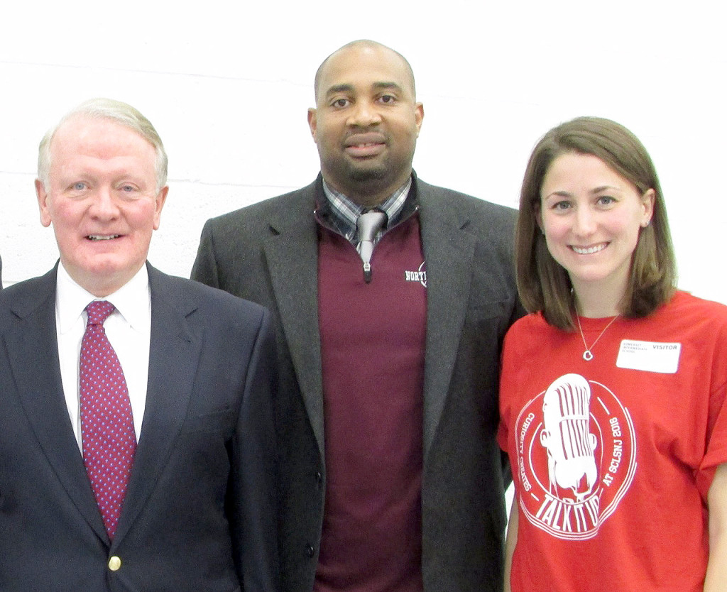 (above l-r) Congressman Lance, Somerset Intermediate School Principal Reginald Sainte- Rose, and SCLSNJ's North Plainfield Memorial Library branch Librarian Amy Behr.