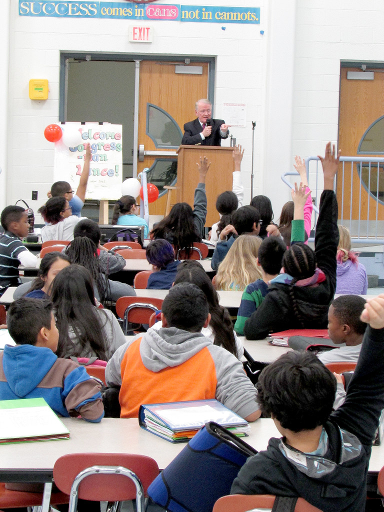 (above l-r) Congressman Leonard Lance engaged with students, taking questions about the national debt, what the White House is like, and if he has interest in running for presidency some day. He was also asked how he speaks publicly with confidence, to which he answered, "Pretend you are speaking to someone in a normal, everyday conversation; pretend you're talking to your friend. And enunciate!"