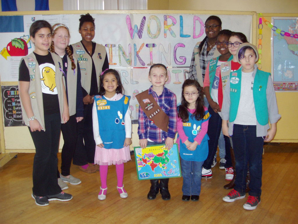 (above) North Plainfield Girl Scouts of all ages participate in World Thinking Day “visiting” Mexico, the Philippines, Italy, Japan and France.
