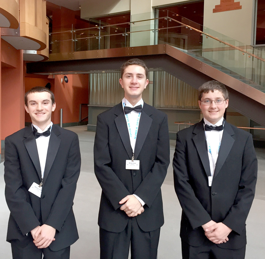 (above, l-r) Readying for their performance are Matthew Schiff, Contrabass Clarinet - All-State Symphonic Band; Michael Hauge, Bb Clarinet and Eb Clarinet - All-State Symphonic Band, and Dale Beyert, Trumpet - All-State Wind Ensemble and Orchestra.