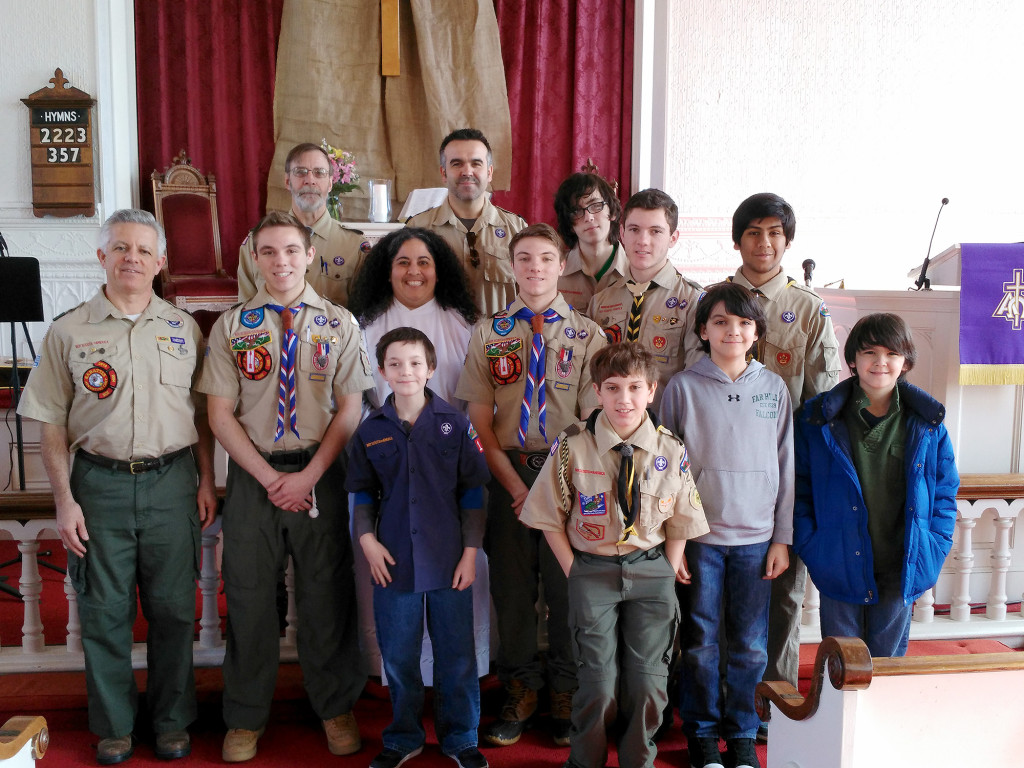(above, front, l-r,) Matthew Fogarty (Cub Scout), Nolan Brunner (middle, l-r) Mike Cantone, Austin Cantone, Pastor Teresita, Andrew Cantone, Nick Rodrigues, Matthew Rodrigues (Cub Scout) (back, l-r) Mike Fogarty (Scout Master, Tony Rodrigues (Cub Master), Peter Fogarty, David Cantone, Parth Patel.