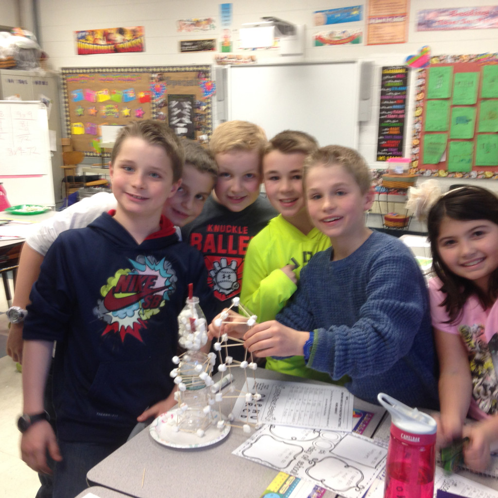 (above) Third grade  students in Mrs. Baker’s class celebrate the 100 day of school by creating structures of 100 marshmallows and 50 toothpicks.