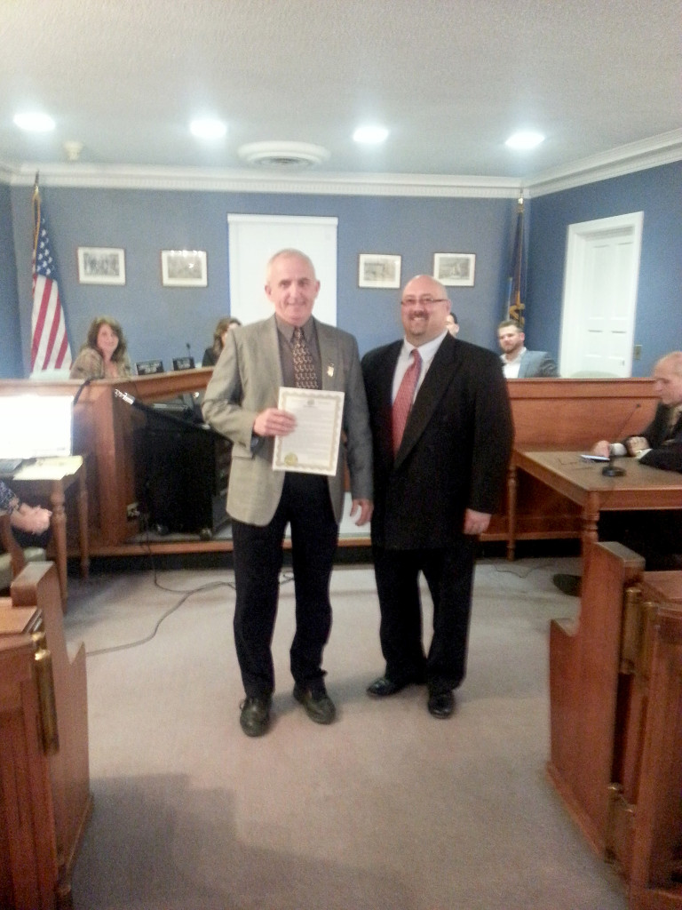 (above, r-l) Mayor Anthony DeLuca presented Kenilworth Construction Official, Jerry Eger, with a proclamation for Building Safety Month.