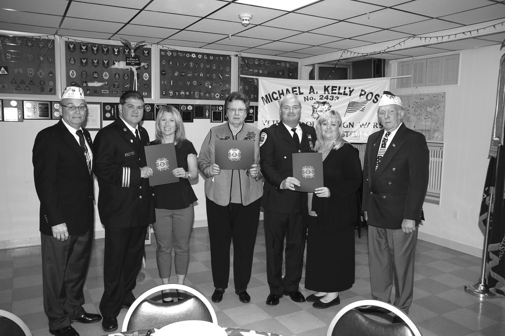 (above) On May 1, 2016, the Michael A. Kelly Post 2433, Veterans of Foreign Wars and its Ladies Auxiliary honored three township people. Sally Straus, Fire Battalion Chief Michael Scanio, and Police Captain David Tims.