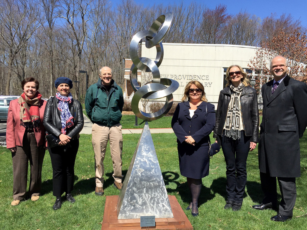 (above, l-r) Colleen Byrne, Director NP Memorial Library, Marjan Nirou Saniee, chair NP Public Art, Bob Hill, creator of "Cycles of Joy", Christine Morgan representing Mayor Al Morgan, Theresa Turner, NPPA member and sponsor of the sculpture, Doug Marvin, New Providence Borough Administrator.
