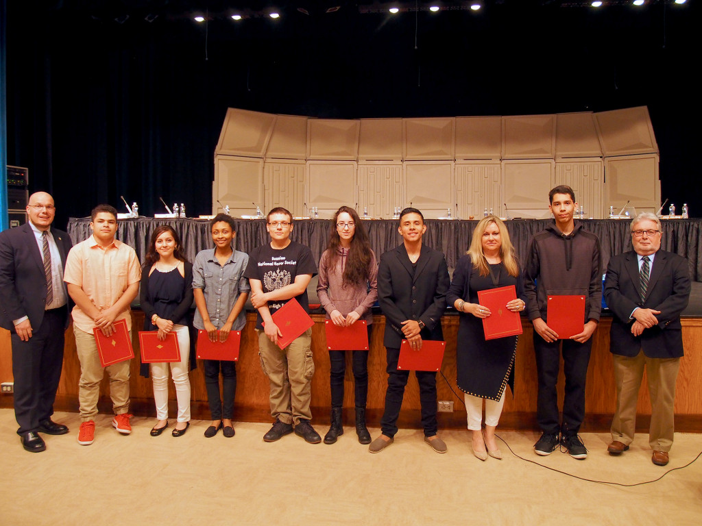 (above) At the April Linden Board of Education meeting, Dr. Danny A. Robertozzi, Board of Education member Jack Kolibas and the Linden Board of Education members recognized the Linden High School students of Russian. Photo by Linden Public Schools
