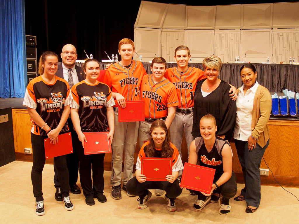 (above) Dr. Danny A. Robertozzi, Board of Education member Lolita Slater and the Linden Board of Education members recognized the Linden High School Varsity Bowling team as the 2015-2016 Central Jersey Winter Classic Champions and the North Jersey Section II Group IV Champions.