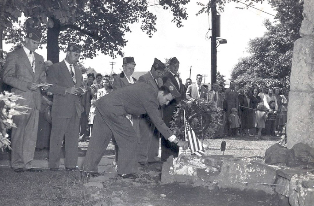 (above) Memorial Day 1946: First service following end of WWII. Nicholas Capece placing wreath at old War I and WWII Memorial Monument located on Harding School grounds until 1959.