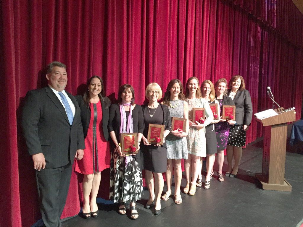 (above l-r) Mr. Scott McKinney, Assistant Superintendent; Mrs. Tara Oliveira, Assistant Principal at Governor Livingston HS; Mrs. Susan Poage, Mrs. Ann Bird, Mrs. Gina Holzmann, Ms. Ashlee Smith, Ms. Sharon Leahy, Mrs. Kathryn Finkelstein, and Mrs. Judith Rattner, Superintendent of Schools.