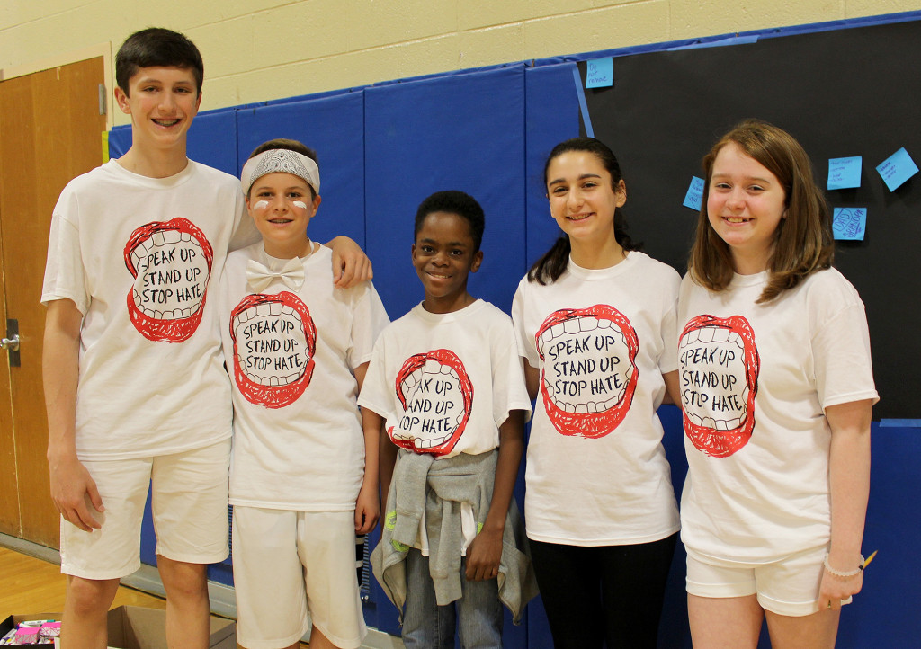 (above) Student leaders from Warren Middle School conducted activities during “White Out Against Bullying” Day on May 13. (L-R) Chad Martini, Christopher Gagliano, Jaiden Bryant, Kaitlyn Roth, Abigail Shanahan.