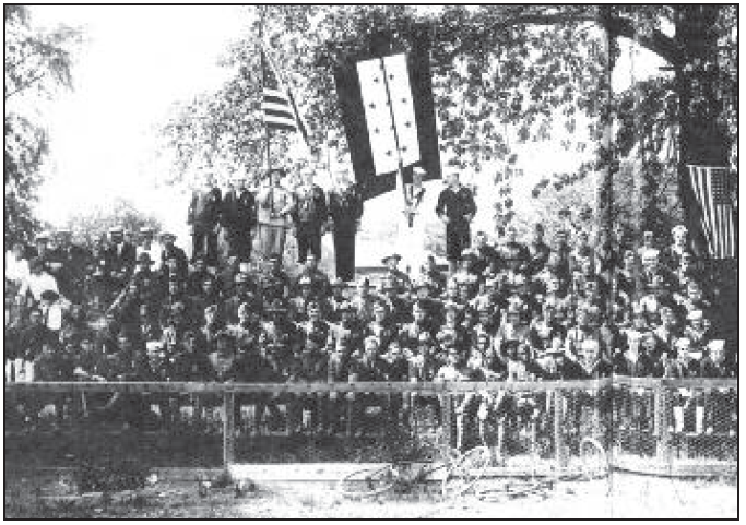 (above) Many of the Rahway boys who served gathered at Riverside Park during the Victory Day Celebration to receive special commemorative medals given by the city. The banner shows eleven stars for the men who gave their lives for their country. Two more stars would be added for the two soldiers whose deaths were not yet confirmed when the tribute took place.