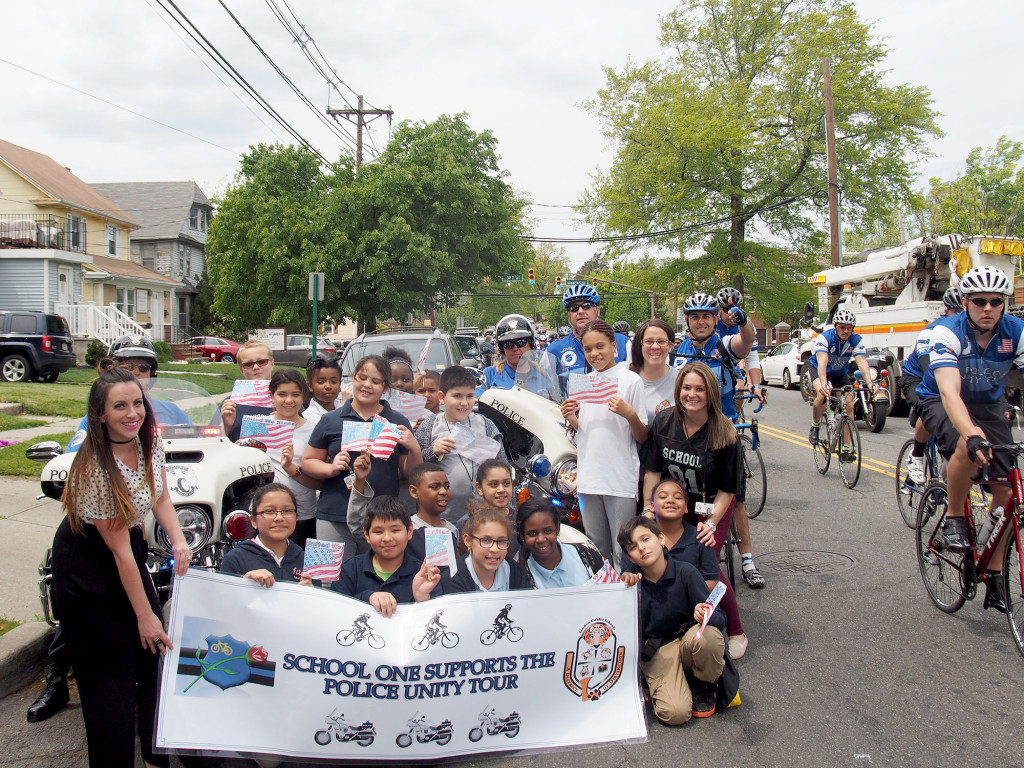 (above) School No. 1 Teacher Gina Tattoli along with her 4th grade students had the privilege of taking a photo with two Linden police officers who participated in the Unity Police Tour; Lt. Mike Babulski and Lt. Joseph Cacioppo members of Team Linden. The Linden Police officers on the motorcycles are LPD Investigator Peter Hammer, and on the right is Linden Police Office Monika Oliveira