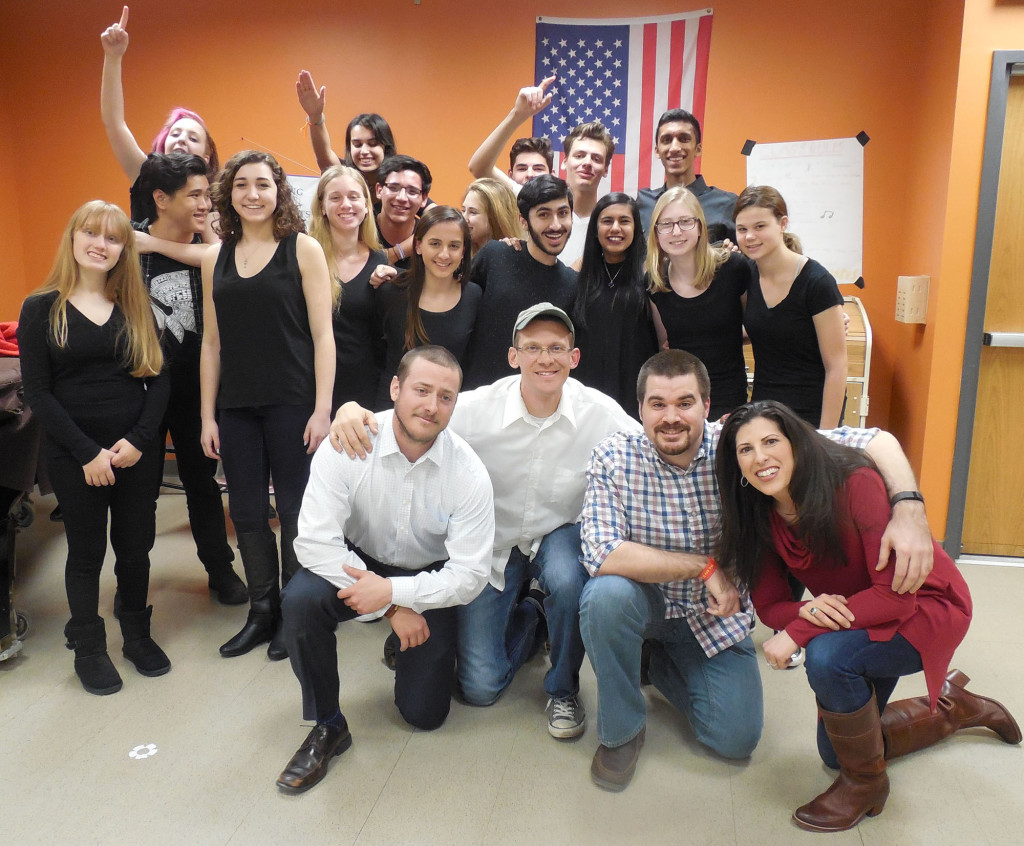 (above) Watchung Hills Regional High School (WHRHS) History teachers, kneeling from left, Sean New, Ken Karnas, Greg O’Reilly, and Rebecca Brown, and, behind them, a cast of WHRHS student actor/singers, presented the opening number of “Hamilton,” at the Talent Show.