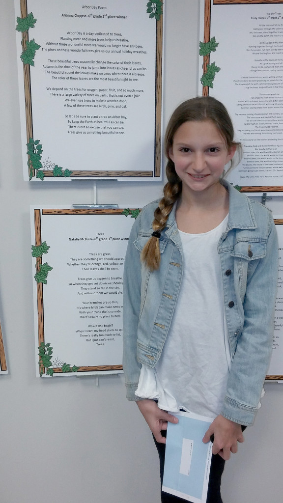 (above) Natalie McBride, a sixth grader, at Carl H. Kumpf Middle School won third place in the 2016 Union County Arbor Day Poetry Contest. Her poem “Trees” was written in honor of Arbor Day to show the importance of trees and explain the crucial role they play in our environment. She was honored at an awards ceremony where her poem was featured. Ms. Casale, Natalie’s teacher, stated, “Natalie’s poem was very well-written. It not only captured the beauty of trees, but it also explained their importance to us. Our school is extremely proud of her achievement.”