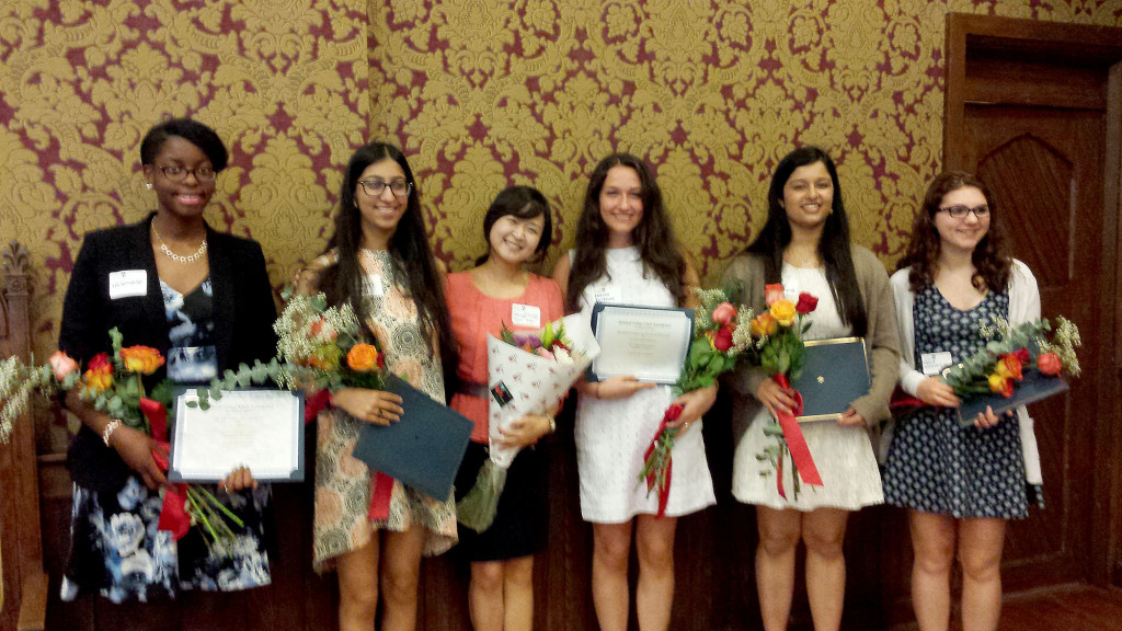 (above l-r) Ife Campbell of Summit High School, Gayati Bajaj of Oak Knoll, Seong Hyun Lee, a Korean pastor studying at Drew University who won an International Fellowship from the American Association of University Women and who was keynote speaker at the scholarship awards ceremony, Lauren Waldman of Millburn High School, Sama Manchanda of Governor Livingston High School, and Cassie Anzalone of Governor Livingston High School. Not pictured: Amara Balan of Kent Place School.