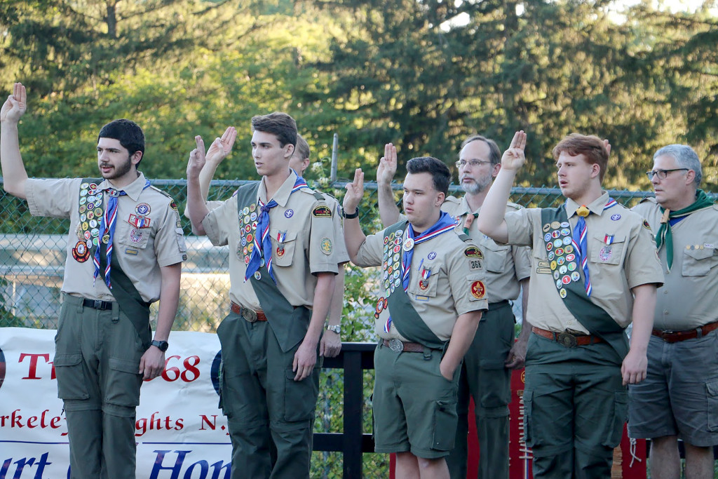 (above l-r) Eagle Scouts Andrew Stecher, Mark Trella, Peter Illis, Devon McLean with adult leaders, Thomas Beke and Joe Allegra.