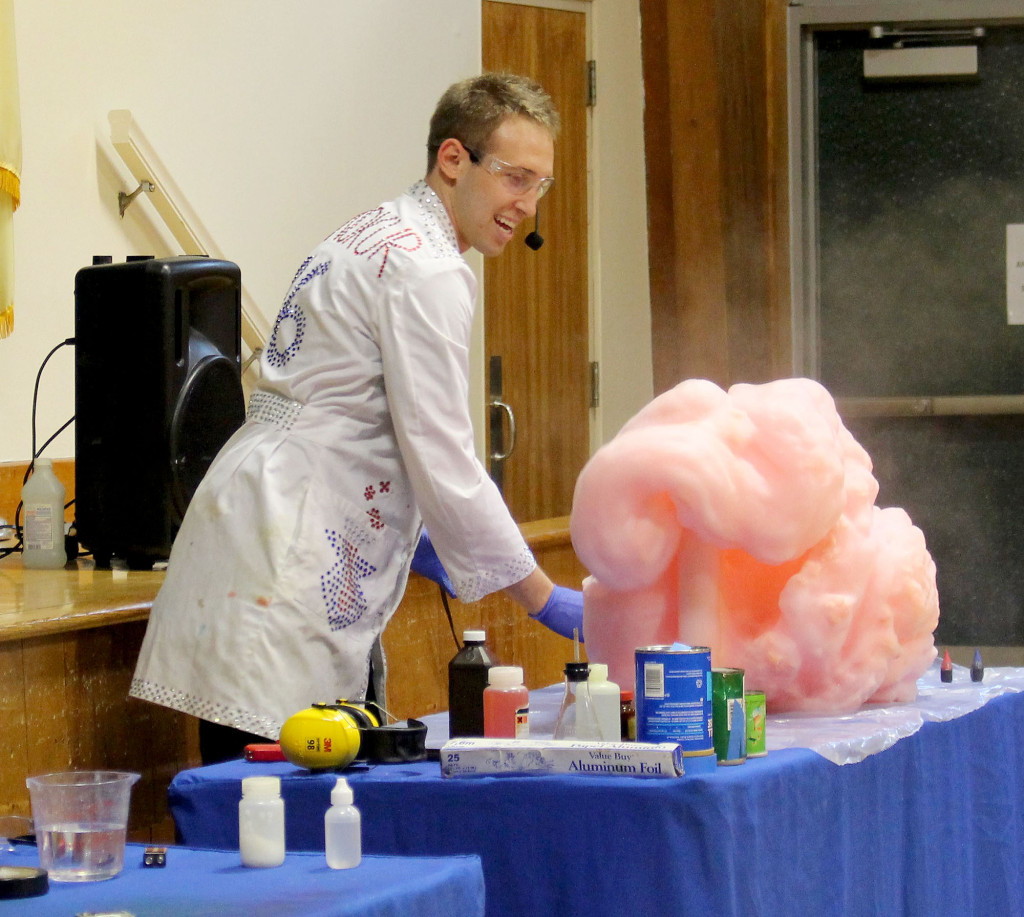 (above) Wearing a bespangled lab coat and white sneakers aglow in red and blue lighted trim, the Dancing Scientist (a.k.a. Jeffrey Vinokur) wowed Mt. Horeb students on May 31, combining music, dance moves and jaw dropping science demonstrations. "I'm a real scientist," said Vinokur, a Biochemistry PhD candidate at UCLA who has appeared on the Discovery Channel, NBC’s “Today” Show, the Weather Channel and other major media outlets. "I like to dance and I like science." The Dancing Scientist is the last in a series of educational and entertaining assemblies provided to Mt. Horeb students this year by the PTO and its cultural arts program.