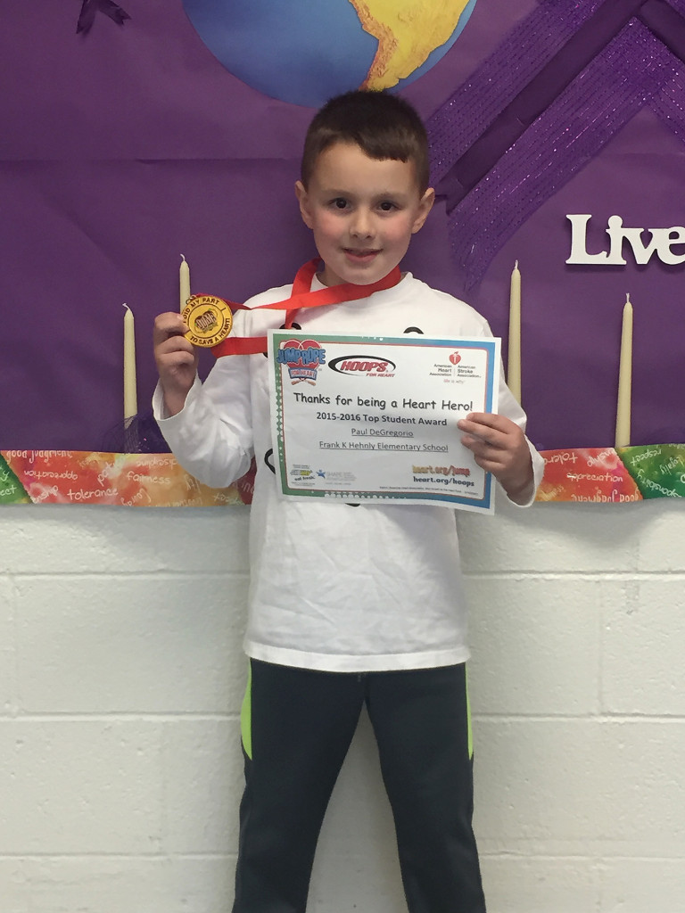 (above) Hehnly School’s first grader, Paul DeGregorio, was the top fundraiser for the Jump Rope for Heart Campaign.