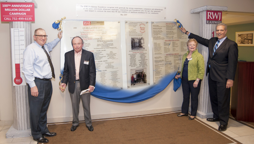 (above l-r) Michael Widmer, Foundation Chairman; Allen Geyer, Vice Chairman, RWJ Rahway Board of Governors; Roberta Geyer, Heritage Society Chairman and Foundation Trustee and Kirk C. Tice, President & CEO, RWJ Rahway.