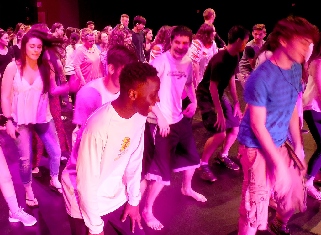 (above) For the grand finale to Dancing With The Teachers, all were invited, including the audience, to get up on stage to participate in the last dance number, the currently popular funky line dance, “The Cha Cha Slide.”