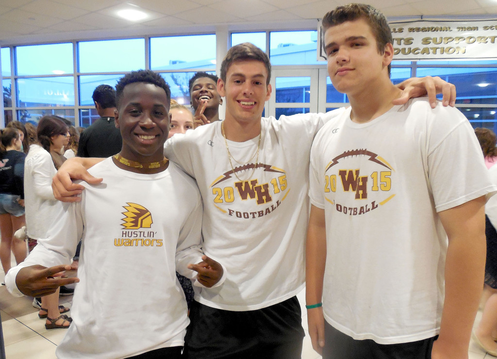 (abover, l-r) Outside the WHRHS Performing Arts Center after the performance are some of the members of the WHRHS Football Team who danced in the Dancing With the Teachers” dance number “Incandescent.”: junior Nadir Beyah of Warren Township, junior Nick Ugarte of Warren Township, and junior Michael Montecalvo of Green Brook Township. Not in the photo, fellow football players Michael Bereheiko, Clayton Bush and Jack Smith.