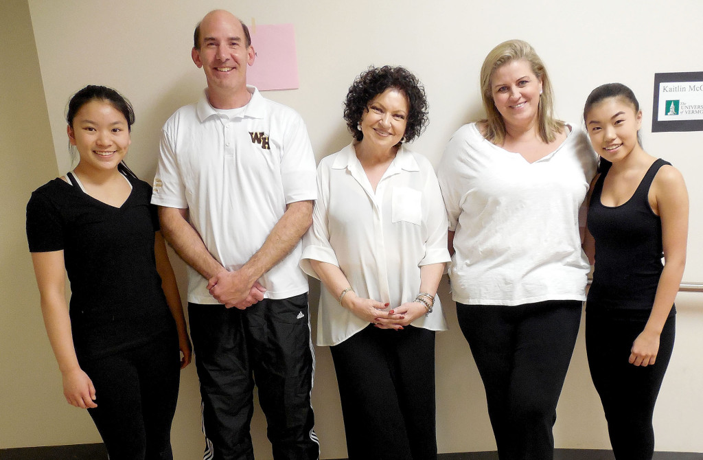 (above) Among the staff members who participated in the “Dancing With the Teachers” Are (in white shirts, l-r) Principal George Alexis, his Administrative Assistant, Susan Obuch, and Front Desk Secretary Pam Sasso. Flanking them (l-r) are two of the students who helped lead them through their dance number, titled, “Collateral Damage.” Dance Ensemble dancer junior Michelle Shui of Green Brook Township, and sophomore Michelle Du of Warren Township.