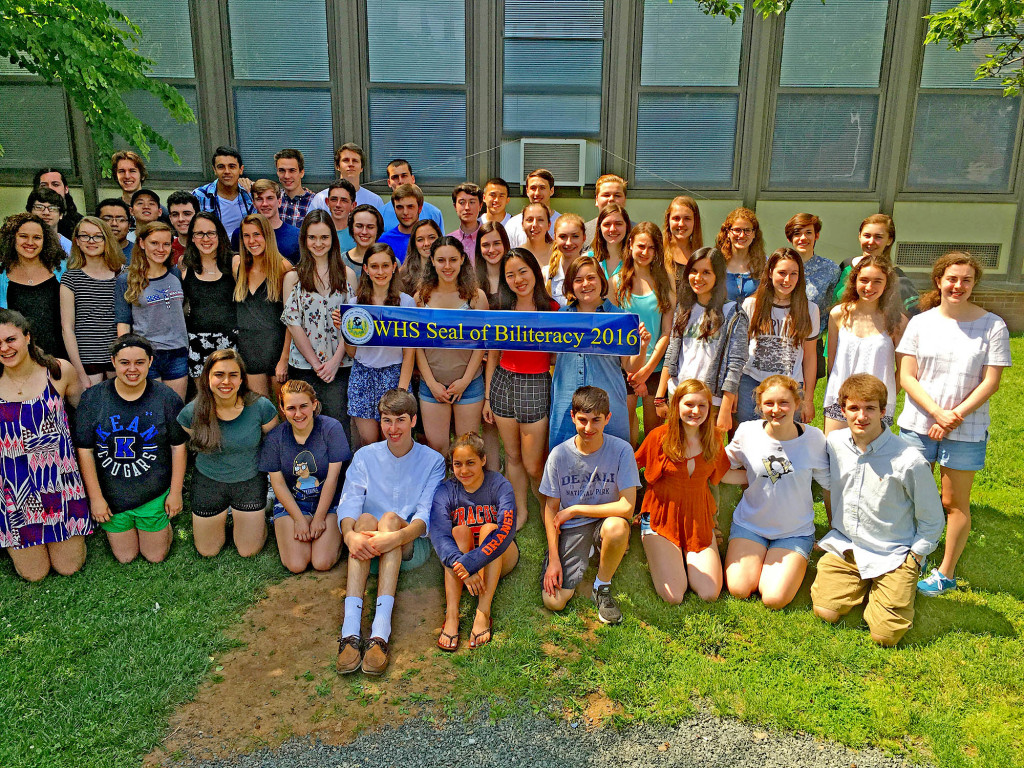 (above) For the second consecutive year, Westfield High School had the highest number of students in the State who were awarded a Seal of Biliteracy, an official certification that mastery of two or more languages is important and necessary for success in the 21st Century. These 116 graduating seniors were presented with their Seal of Biliteracy certificates in the school’s courtyard on June 15.