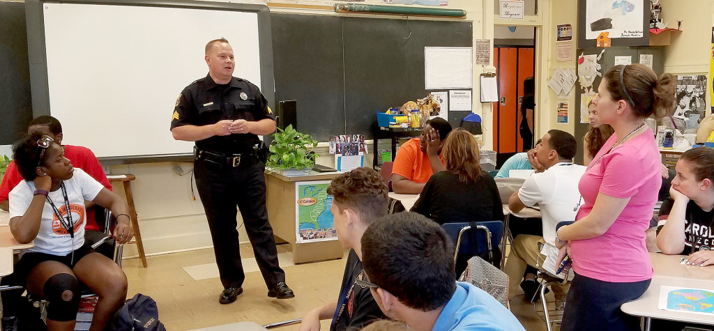 (above) Sergeant Joseph Birch from the Linden Police department took time to visit Mrs. Goncalves's Law and Government class, made up of mostly 12th grade students, to discuss the importance of safe driving. This conversation was especially important during this time of the year when many people are out celebrating various occasions like graduations and summer holidays. Sgt. Birch and the class discussed Z restrictions on driver's licenses, proper procedure during a police stop, and the documentation needed in the event you are pulled over by a police officer.
