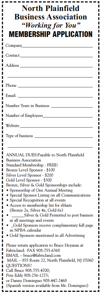 North Plainfield Business Association Membership application