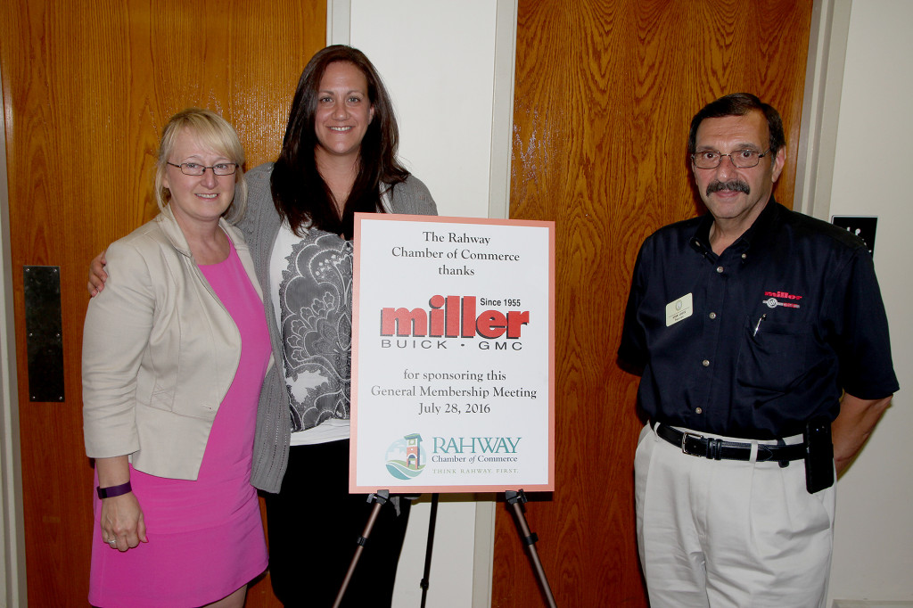 (above, l-r) Lucy Biller of TD Bank, Chamber President Audra Loccisano of RE/MAX Properties Unlimited, and Stan Louis of Miller Buick GMC, host of the July 2016 Chamber of Commerce meeting.