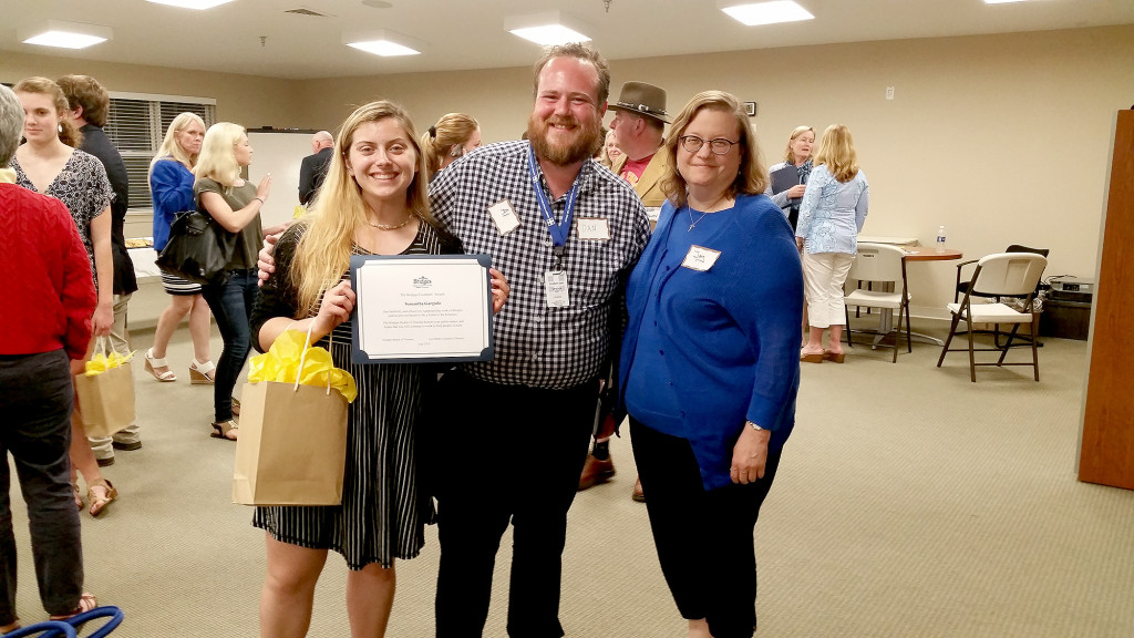 (above from l-r) Samantha Gargiulo, recipient of Bridges Founders’ Award, Dan RosenHanst, Director of Operations/Volunteers for Bridges, and Reverend Joy Mounts of FCC.
