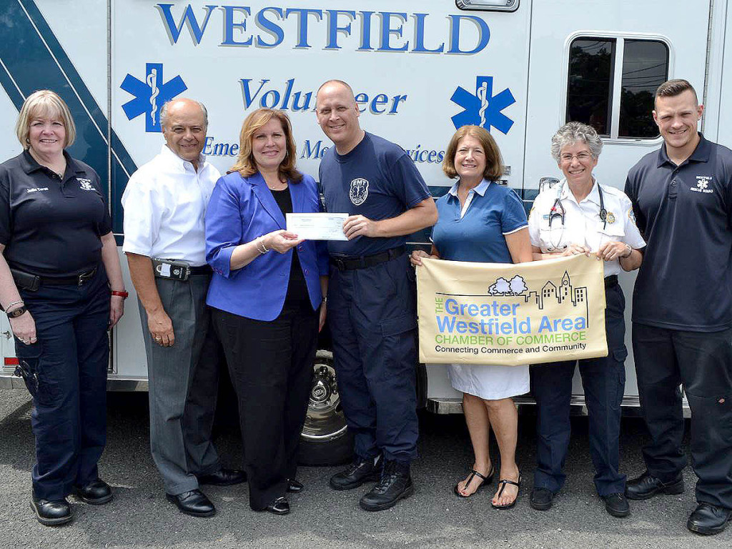 (above l-r) Judi Caron, WVRS Secretary; Gene Jannotti, GWACC Executive Director; Maria Fuentes, GWACC Chair; Steve Becker, WVRS Chief; Darielle Walsh, GWACC Secretary; Lynn Feldman, WVRS Treasurer; Nick Calello, EMT.