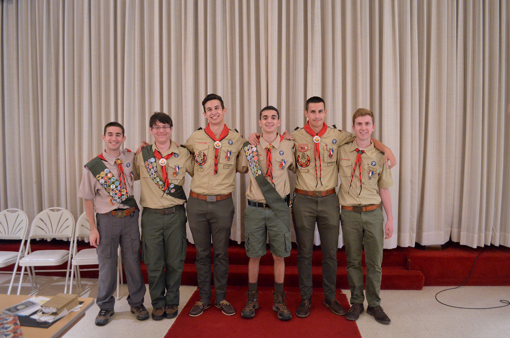 (above l-r) Eagle Scouts Nick Young, Colin Hegarty, Andrew Clark, Pierre Arca-Sedda, William Clark and Eric Matrone.