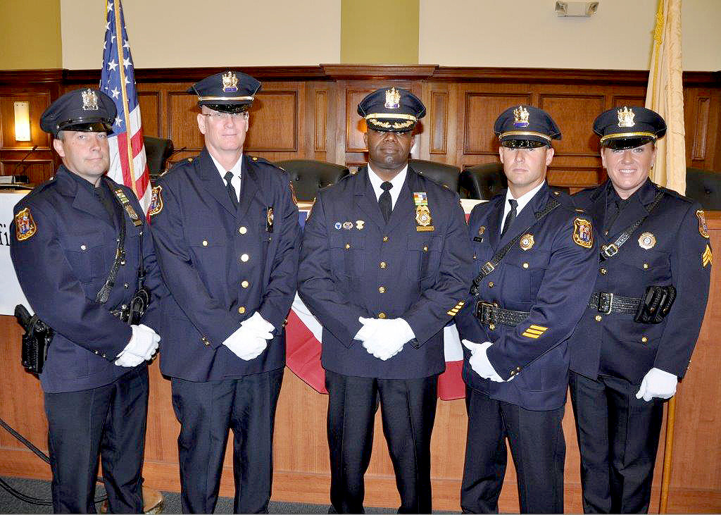 (above l-r) Detective Joseph K. Kaulfers; Captain Michael F. Saake; Chief Jonathan R. Parham; Lieutenant William Mack; and Sergeant Monika Oliveira.