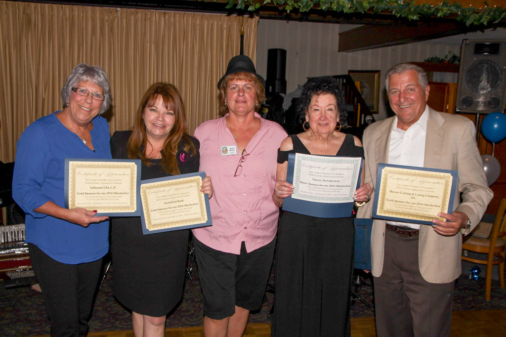 (above l-r) Gold Sponsors: Lois Bass, Infinium U.S.A.; Angie Tsirkas, Northfield Bank; Janet Miller, Cox Printers & Chair of Linden Chamber of Commerce; Rose Bussiculo, Epicor, Inc.; Michael Powers, Mercer Coating & Lining. Not pictured: Phillips Bayway Refinery.