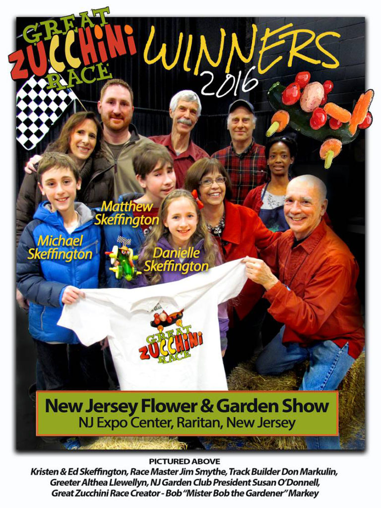 (above) Kristen & Ed Skeffington, Race Master Jim Smythe, Track Builder Don arkulin, Greeter Althea Llewellyn, NJ Garden Club President Susan O’Donnell, Great Zucchini Race Creator – Bob “Mister Bob the Gardner” Markey.