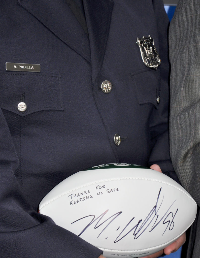 (above) An autographed football from New York Jets defensive lineman and Linden resident, Muhammad Wilkerson “96” presented to Mayor Derek Armstead and the Linden Police Department. Inscription reads, “Thanks for Keeping Us Safe”